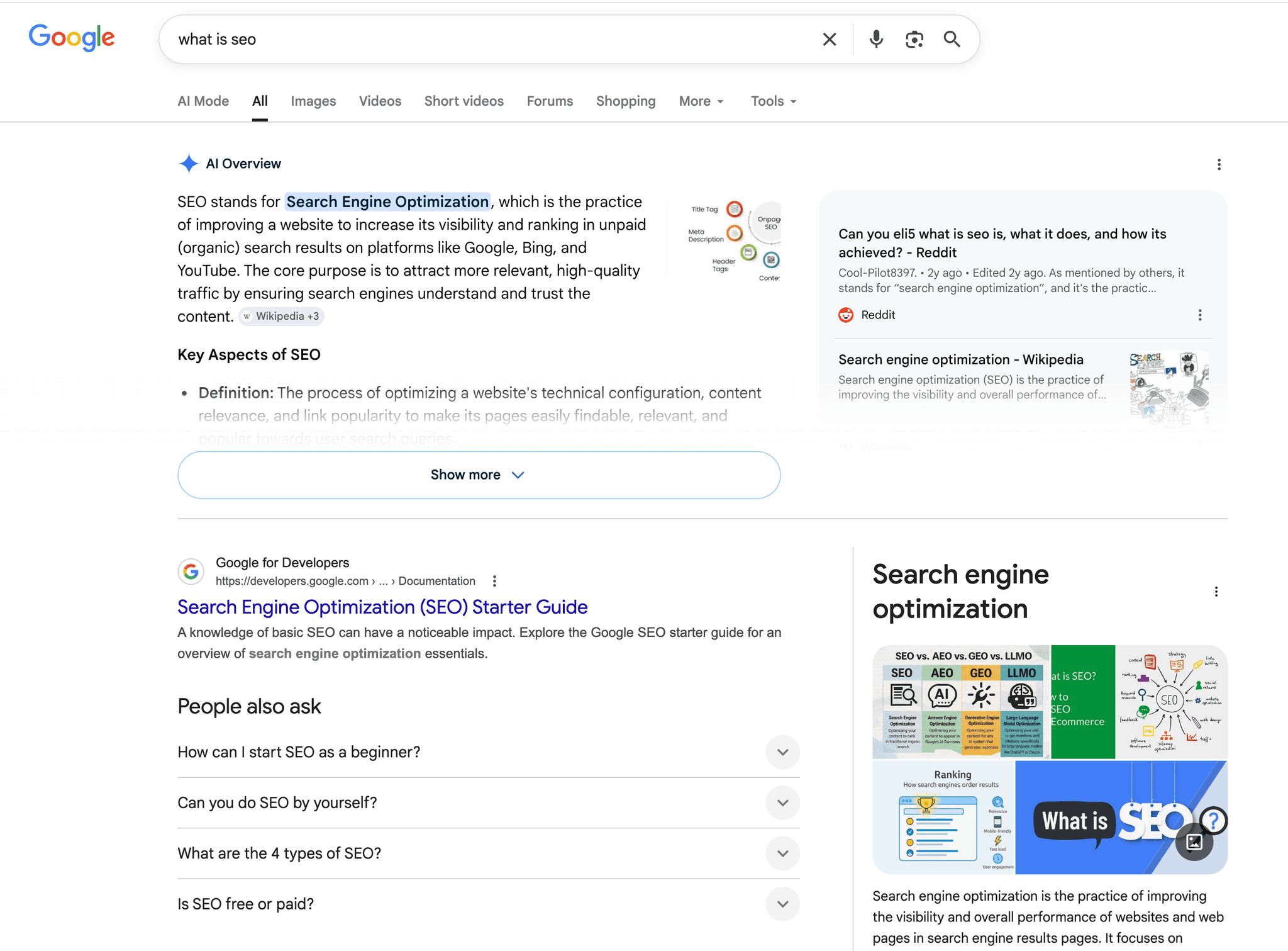 Google search results for "what is seo" showing an AI Overview and a People also ask box