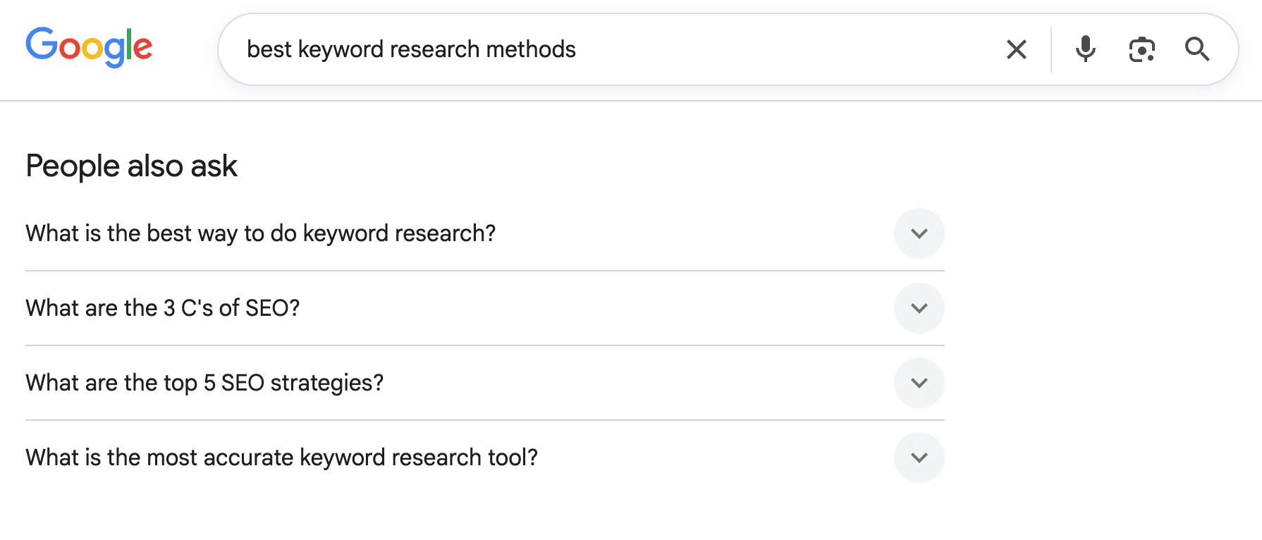 Google search results showing a People also ask box for "best keyword research methods"