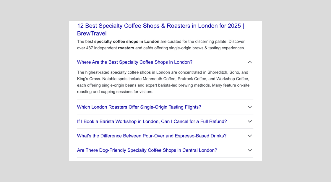 Example of an FAQ rich result showing expandable questions attached beneath an organic Google listing.